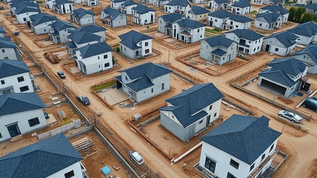 Aerial view of a new-construction neighborhood with dozens of homes