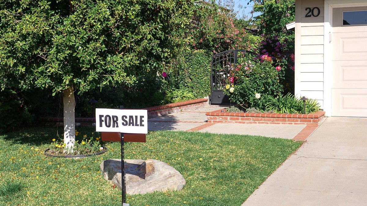 For Sale sign on a green lawn in front of a house with a garden in bright daylight