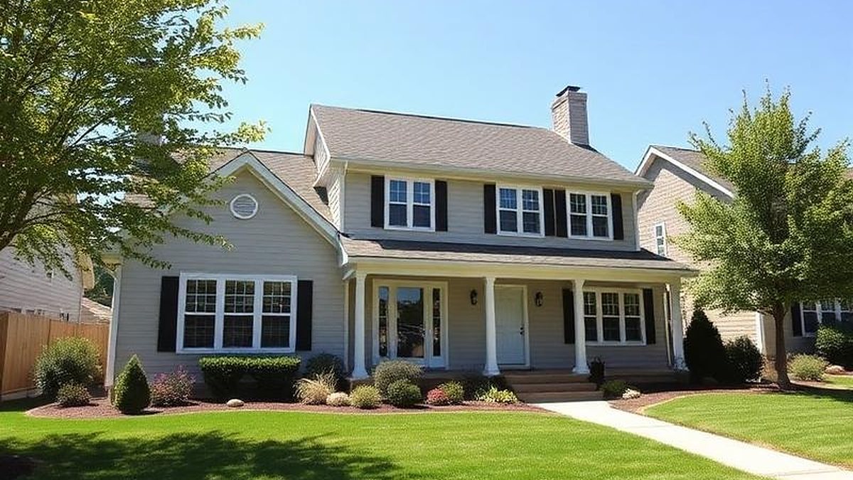 Gray two-story colonial home with a wide green front lawn